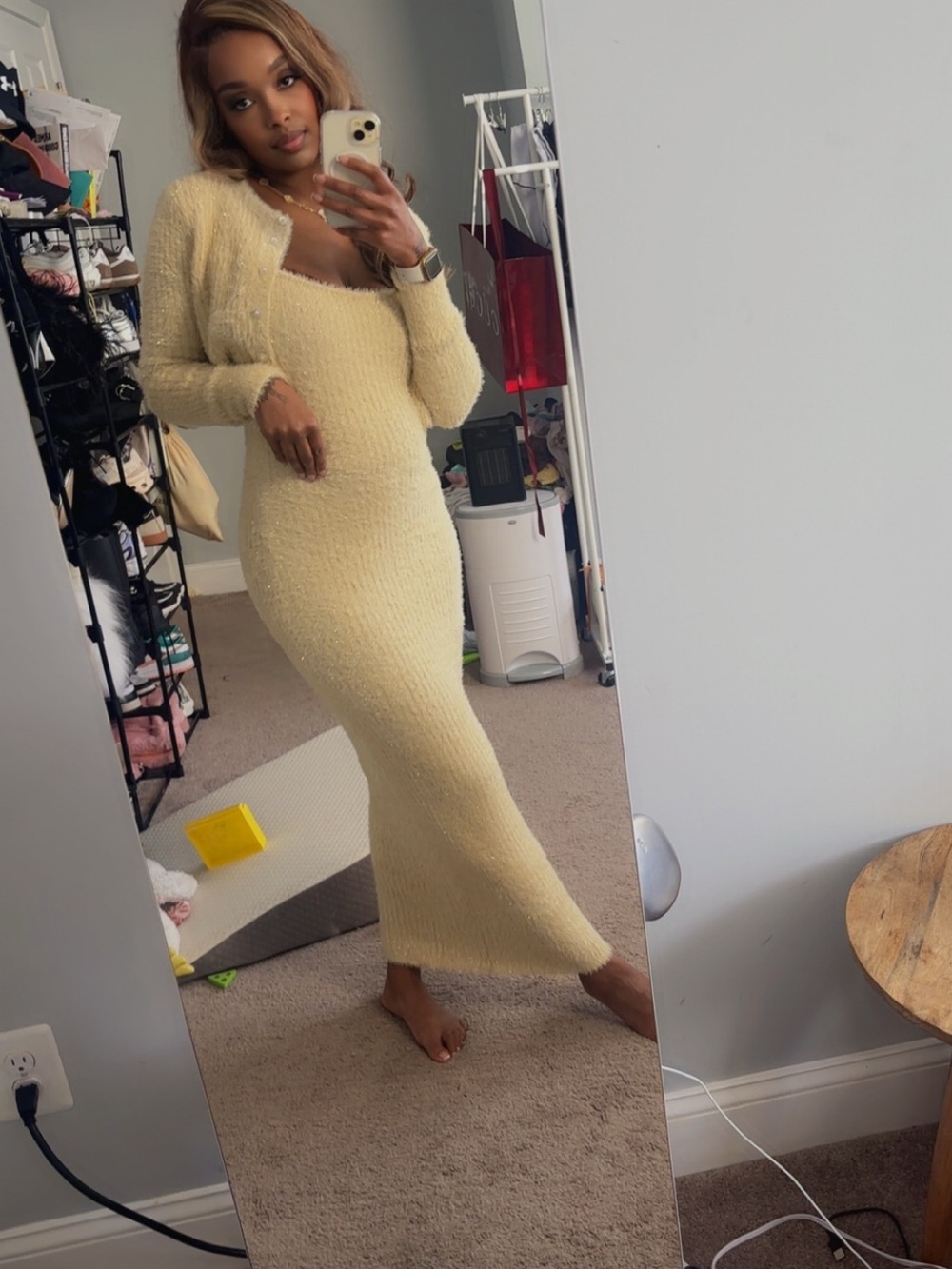 Fashion Nova Cream Textured Maxi Dress with Cropped Cardigan